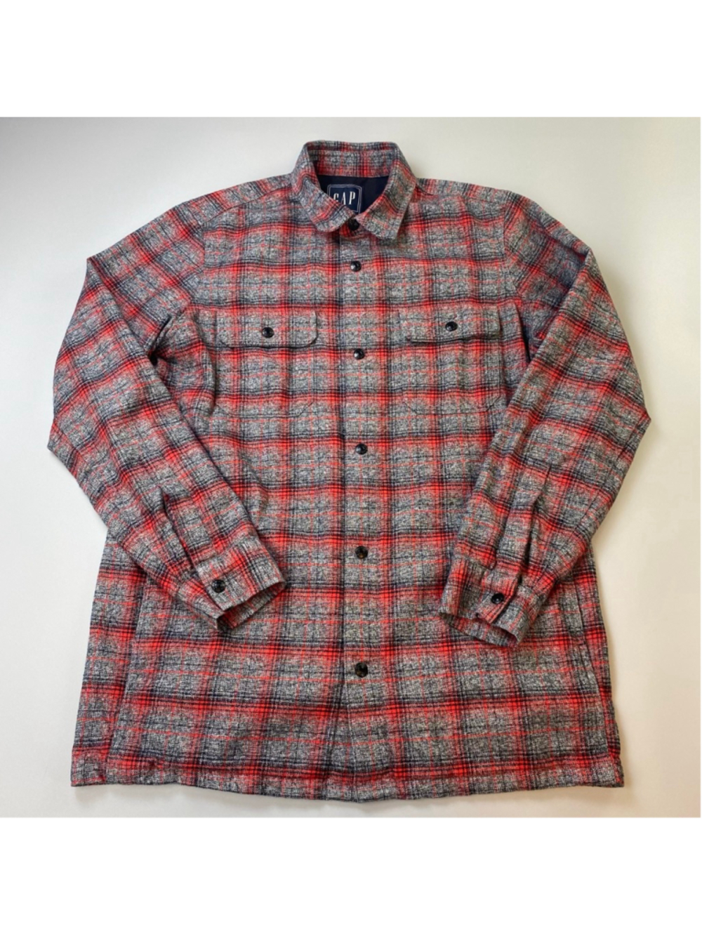 GAP Shirt Jacket M TALL Red Gray Plaid Flannel Gorpcore Grunge Utility Heritage